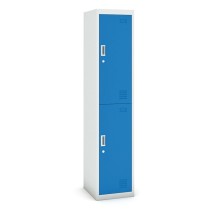 Šatníková skrinka s úložnými boxami, dvojdverová, cylindrický zámok, 1800 x 380 x 450 mm, sivá/modrá