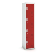 Šatníková skrinka s úložnými boxami, štvordverová, cylindrický zámok, 1800 x 380 x 450 mm, sivá/červená