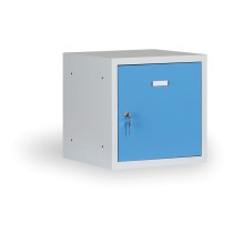 Šatníková skrinka s uzamykateľným boxom 300x300x300 mm, modré dvere, cylindrický zámok