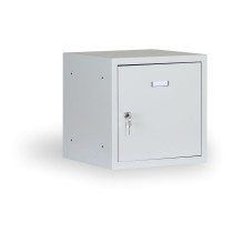 Šatníková skrinka s uzamykateľným boxom 300x300x300 mm, sivé dvere, cylindrický zámok