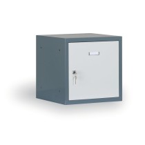 Šatníková skrinka s uzamykateľným boxom 300x300x300 mm, tmavo sivá, sivé dvere, cylindrický zámok