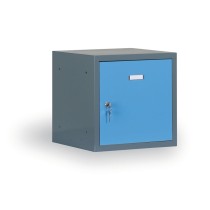 Šatníková skrinka s uzamykateľným boxom 400x400x400 mm, tmavo sivá, modré dvere, cylindrický zámok