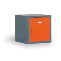 Šatníková skrinka s uzamykateľným boxom 400x400x400 mm, tmavo sivá, oranžové dvere, cylindrický zámok