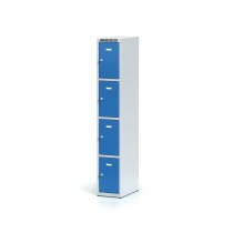 Schließfachschrank aus Blech mit Aufbewahrungsboxen, 4 Boxen, blaue Tür, Drehriegelschloss