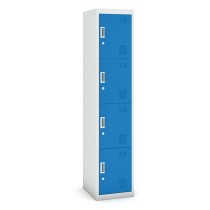 Schließfachschrank aus Blech mit Aufbewahrungsboxen, viertürig, Zylinderschloss, 1800 x 380 x 450 mm, grau/blau