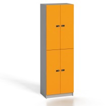 Schließfachschrank aus Holz mit Aufbewahrungsboxen, 4 Boxen, Codeschloss, orange