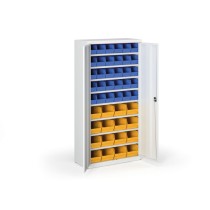 Schrank mit Sichtlagerkästen BASIC - 1800 x 400 x 920 mm, 30xB/16xC, grau/blaue Tür
