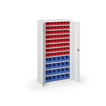 Schrank mit Sichtlagerkästen BASIC - 1800 x 400 x 920 mm, 64xA/24xB, grau/blaue Tür