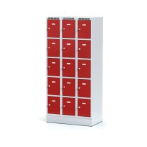 Spind auf Sockel mit Aufbewahrungsboxen, 15 Boxen, rote Tür, Drehriegelschloss