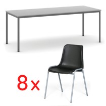 Stôl jedálenský, sivý 2000 x 800 + 8 jedálenských stoličiek AMADOR, čierna