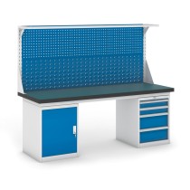 Stół warsztatowy GB z szafką, panelem i kontenerem szufladowym, 2100 mm
