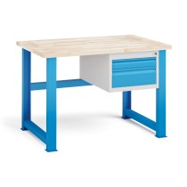 Stół warsztatowy KOVONA, 2 szuflady na narzędzia, blat z drewna bukowego, stałe nogi, 1200 mm