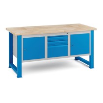 Stół warsztatowy KOVONA, 2 wiszące szafki i 3 szuflady na narzędzia, blat z drewna bukowego, stałe nogi, 1700 mm