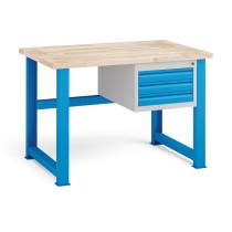 Stół warsztatowy KOVONA, 3 szuflady na narzędzia, blat z drewna bukowego, stałe nogi, 1200 mm