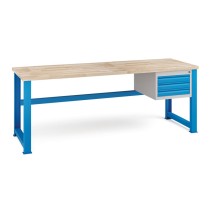 Stół warsztatowy KOVONA, 3 szuflady na narzędzia, blat z drewna bukowego, stałe nogi, 2100 mm