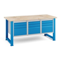 Stół warsztatowy KOVONA, 9 szuflady na narzędzia, blat z drewna bukowego, stałe nogi, 1700 mm