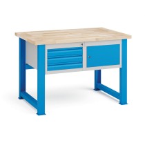Stół warsztatowy KOVONA, szafka wisząca i 3 szuflady na narzędzia, blat z drewna bukowego, stałe nogi, 1200 mm