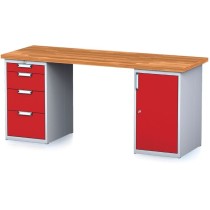 Stół warsztatowy MECHANIC, 2000x700x880 mm, 1x 4 szufladowy kontener, 1x szafka, szary/czerwony