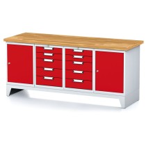 Stół warsztatowy MECHANIC, 2000x700x880 mm, 2x 5 szufladowy kontener, 2x szafka, szary/czerwony