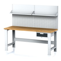 Stół warsztatowy MECHANIC z nadstawką i półką, 2000x700x700-1055 mm, nogi regulowane, 1x 1 szufladowy kontener, szary/antracyt