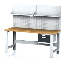 Stół warsztatowy MECHANIC z nadstawką i półką, 2000x700x700-1055 mm, nogi regulowane, 1x 2 szufladowy kontener, szary/antracyt