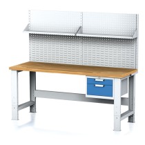 Stół warsztatowy MECHANIC z nadstawką i półką, 2000x700x700-1055 mm, nogi regulowane, 1x 2 szufladowy kontener, szary/niebieski