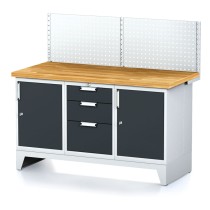 Stół warsztatowy MECHANIC z panelem perforowanym, 1500x700x880 mm, 1x 3 szufladowy kontener, 2x szafka, szara/antracyt