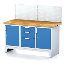 Stół warsztatowy MECHANIC z panelem perforowanym, 1500x700x880 mm, 1x 3 szufladowy kontener, 2x szafka, szara/niebieska