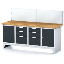Stół warsztatowy MECHANIC z panelem perforowanym, 2000x700x880 mm, 2x 3 szufladowy kontener, 2x szafka, szara/antracyt