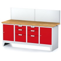 Stół warsztatowy MECHANIC z panelem perforowanym, 2000x700x880 mm, 2x 3 szufladowy kontener, 2x szafka, szara/czerwona
