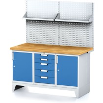 Stół warsztatowy MECHANIC z panelem perforowanym i półką, 1500x700x880 mm, 1x 5 szufladowy kontener, 2x szafka, szara/niebieska