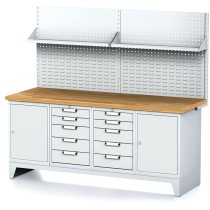 Stół warsztatowy MECHANIC z panelem perforowanym i półką, 2000x700x880 mm, 2x 5 szufladowy kontener, 2x szafka, szara/szara