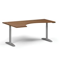 Stół z regulacją wysokości OBOL, elektryczny, 675-1325 mm, ergonomiczny lewy, blat 1800x1200 mm, zaokrąglona podstawa szara, orzech