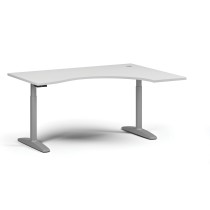 Stół z regulacją wysokości OBOL, elektryczny, 675-1325 mm, ergonomiczny prawy, blat 1600x1200 mm, zaokrąglona podstawa szara, biała