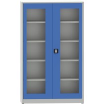 Svařovaná policová skříň s prosklenými dveřmi, 1950 x 1200 mm, šedá/modrá