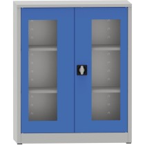 Szafa spawana z półkami ze szklanymi drzwiami, 1150 x 950 x 400 mm, szara/niebieska