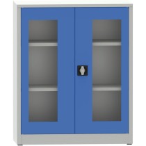 Szafa z półkami spawana ze szklanymi drzwiami, 1150 x 950 x 600 mm, szara/niebieska