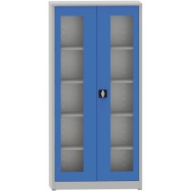 Szafa z półkami spawana ze szklanymi drzwiami, 1950 x 950 x 400 mm, szara/niebieska