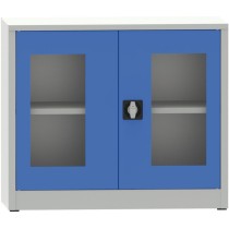 Szafa z półkami spawana ze szklanymi drzwiami, 800 x 950 x 600 mm, szara/niebieska