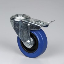 Transport-Lenkrolle mit Feststeller, 100 mm, Mittelloch, mit blauer Lauffläche
