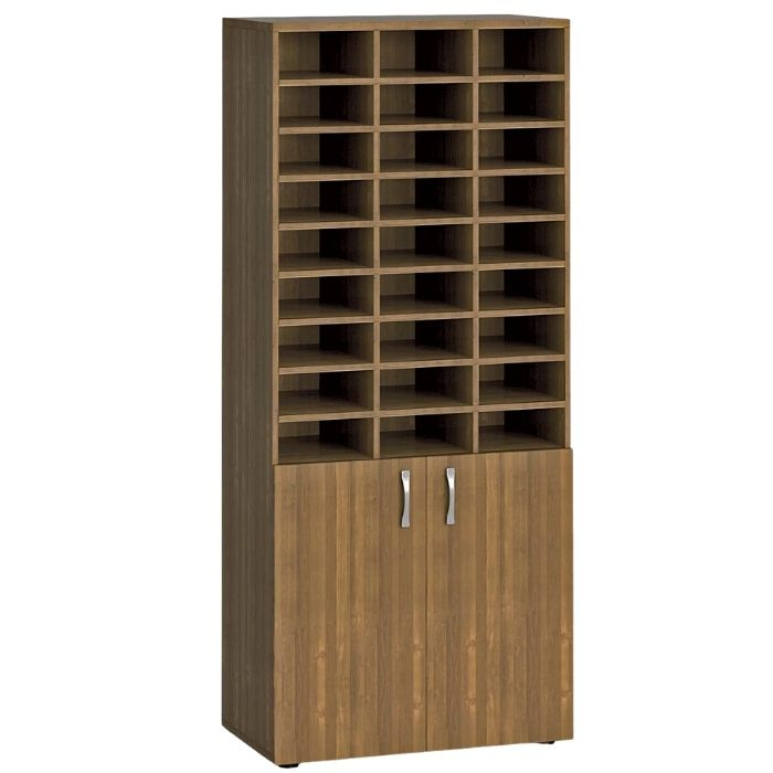 Třídící regál s dveřmi PRIMO KOMBI, 800 x 420 x 1865 mm, 27 přihrádek, ořech