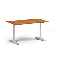 Výškově nastavitelný stůl OBOL, elektrický, 675-1325 mm, deska 1400x800 mm, bílá zaoblená podnož, třešeň