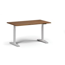 Výškovo nastaviteľný stôl, elektrický, 675-1325 mm, doska 1400x800 mm, biela podnož, orech