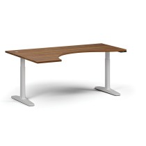 Výškovo nastaviteľný stôl, elektrický, 675-1325 mm, ergonomický ľavý, doska 1800x1200 mm, biela podnož, orech