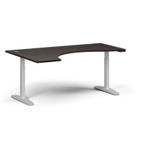 Výškovo nastaviteľný stôl, elektrický, 675-1325 mm, ergonomický ľavý, doska 1800x1200 mm, biela podnož, wenge