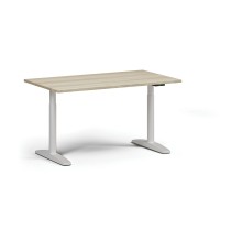 Výškovo nastaviteľný stôl OBOL, elektrický, 675-1325 mm, doska 1400x800 mm, biela zaoblená podnož, dub prírodný
