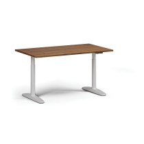 Výškovo nastaviteľný stôl OBOL, elektrický, 675-1325 mm, doska 1400x800 mm, biela zaoblená podnož, orech
