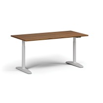 Výškovo nastaviteľný stôl OBOL, elektrický, 675-1325 mm, doska 1600x800 mm, biela zaoblená podnož, orech