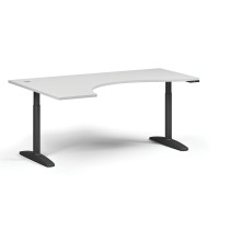 Výškovo nastaviteľný stôl OBOL, elektrický, 675-1325 mm, ergonomický ľavý, doska 1800x1200 mm, čierna zaoblená podnož, biela