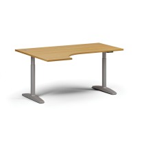 Výškovo nastaviteľný stôl OBOL, elektrický, 675-1325 mm, rohový ľavý, doska 1600x1200 mm, sivá zaoblená podnož, buk